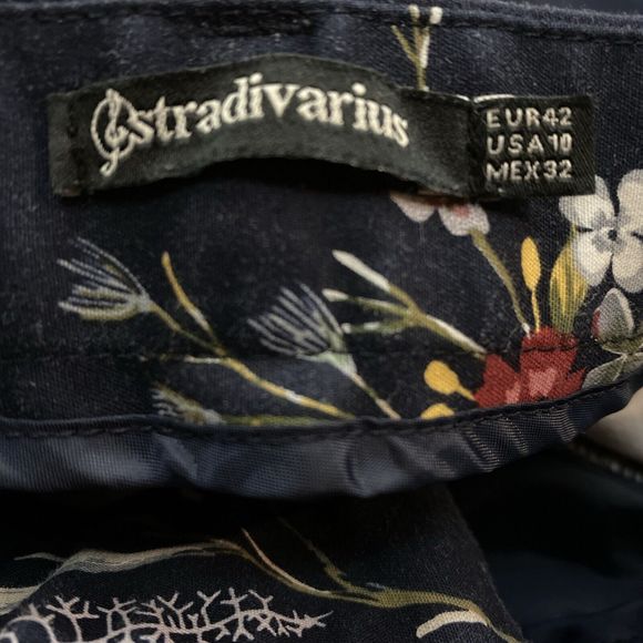Stradivarius Pants Womens Navy Blue Chino Skinny Mid Rise Floral Slacks Cotton - Picture 12 of 12